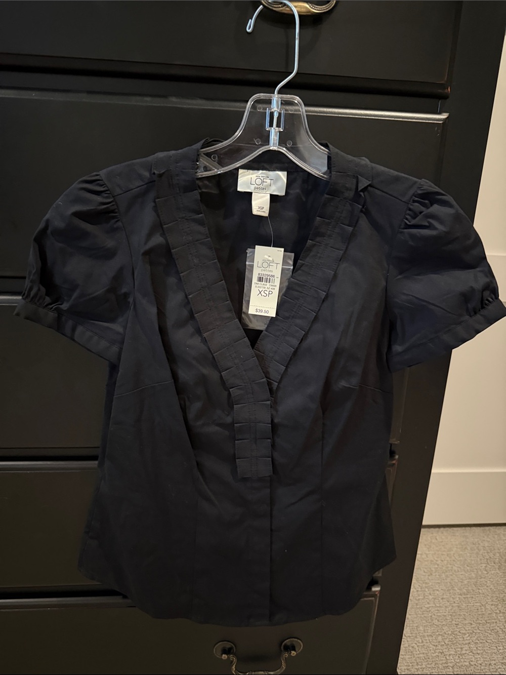 LOFT Black V-Neck Pleated Puff Sleeve Blouse